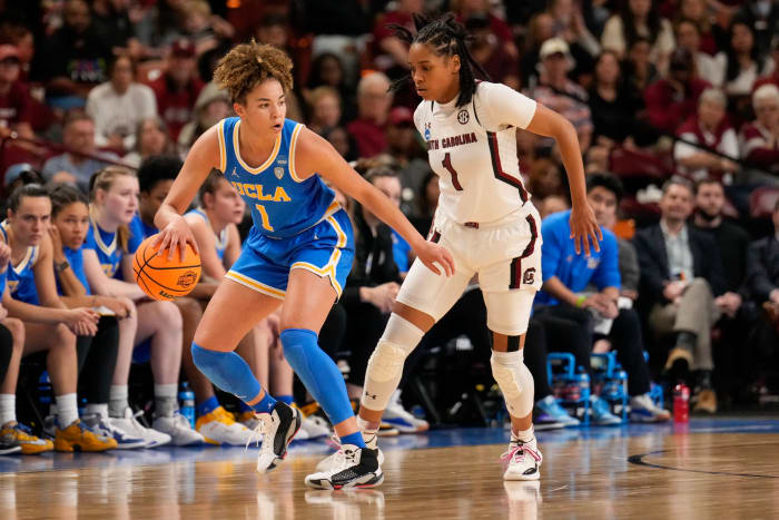 South Carolina Gamecocks guard Zia Cooke defends UCLA Bruins guard Kiki Rice.